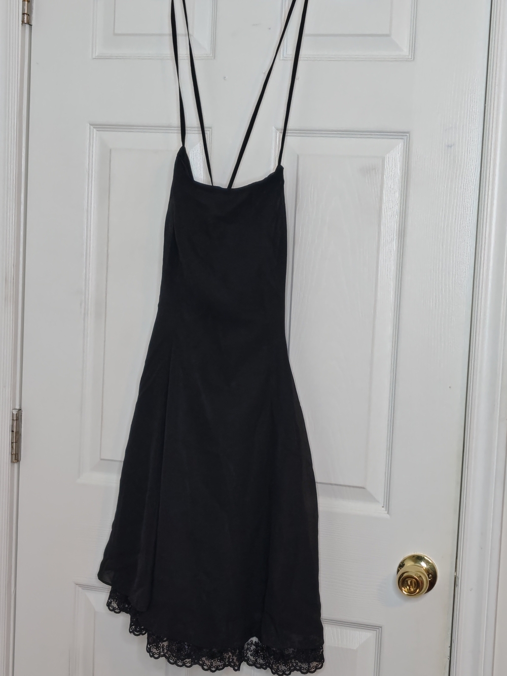 JJs House Black Spaghetti-Strap Mini Dress with Lace Hem
